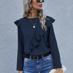 SHIEN LUNE Solid Exaggerated Ruffle Keyhole Back Blouse